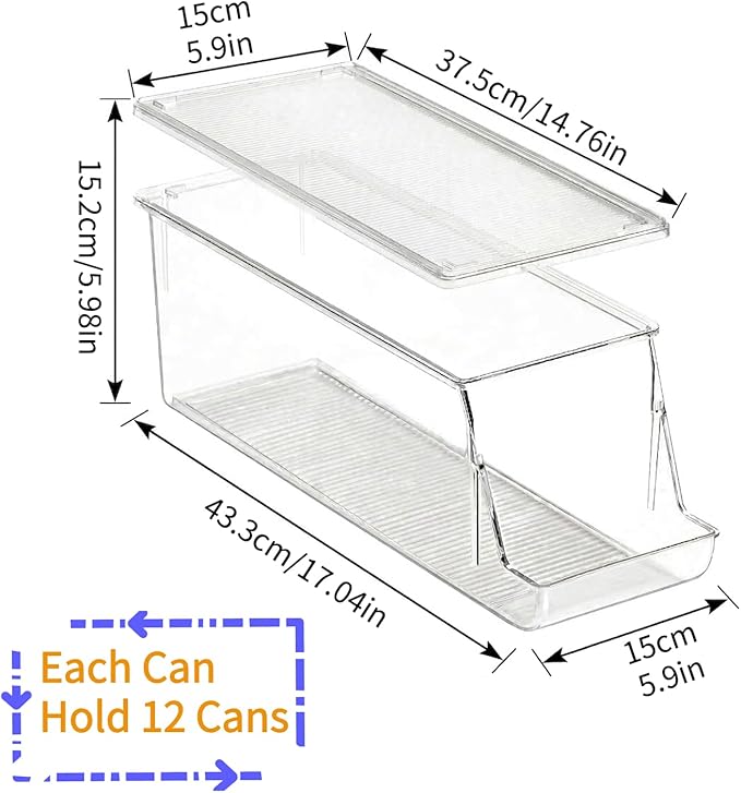 Extra Long and Enlarged Soda Can Dispenser with Lid for Refrigerator -Stackable Drink Organizer for Fridge, Pantry - Holds 12 Cans Each, BPA Free - 2 Pack