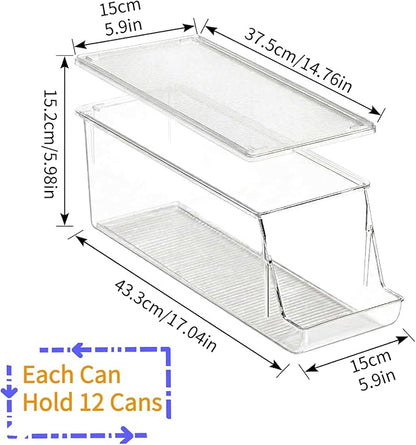 Extra Long and Enlarged Soda Can Dispenser with Lid for Refrigerator -Stackable Drink Organizer for Fridge, Pantry - Holds 12 Cans Each, BPA Free - 2 Pack