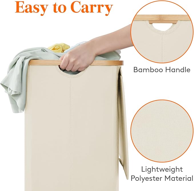 Lifewit 100L Laundry Basket with Lid, Clothes Hampers for Laundry with Bamboo Handles and 1 Removable Bag, Large Foldable Laundry Hamper for Bedroom, Bathroom, Dorm, Laundry Room, White