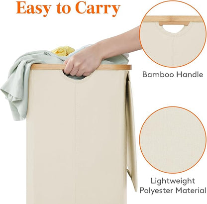 Lifewit 100L Laundry Basket with Lid, Clothes Hampers for Laundry with Bamboo Handles and 1 Removable Bag, Large Foldable Laundry Hamper for Bedroom, Bathroom, Dorm, Laundry Room, White
