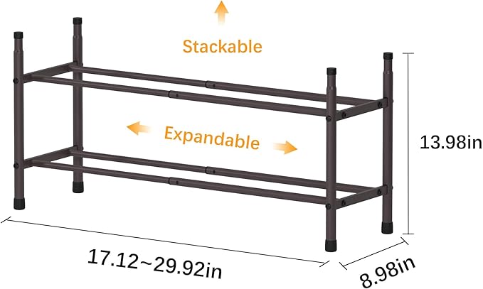 TZAMLI 2-Tier Expandable Metal Shoe Rack for Closet, Stackable Shoe Organizer Adjustable Shoe Storage Small Shoe Shelf for Entryway Entrance, 17.2"-30" x 9" x 14" Inch Brown
