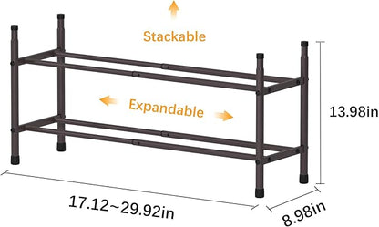 TZAMLI 2-Tier Expandable Metal Shoe Rack for Closet, Stackable Shoe Organizer Adjustable Shoe Storage Small Shoe Shelf for Entryway Entrance, 17.2"-30" x 9" x 14" Inch Brown