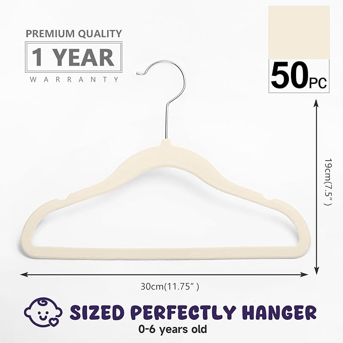 MIZGI Baby Velvet Hangers,Non-Slip Kids & Toddler Hangers,11.8 Inch Hangers for Baby Clothes,Pack of 50（Ivory/Silver）