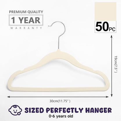MIZGI Baby Velvet Hangers,Non-Slip Kids & Toddler Hangers,11.8 Inch Hangers for Baby Clothes,Pack of 50（Ivory/Silver）