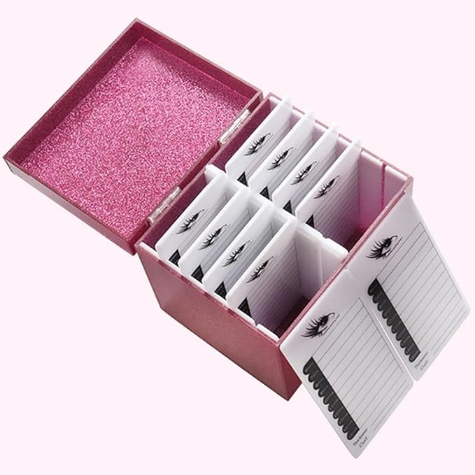 10 Layers Acrylic Eyelash Storage Box,Eyelash Holder Extension Tool,Makeup Organizer False Eyelashes Glue Pallet Holder, Grafting Eye lashes Close-Packed Display with 10 Pallets (Pink)