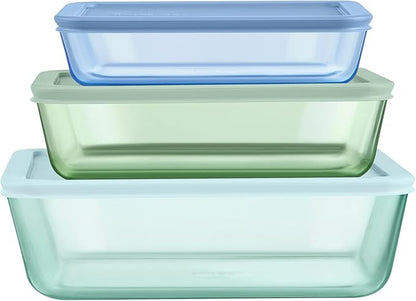 Pyrex Colors (3-Pack, Large) Tinted Glass Rectangle Food Storage Container Set, Snug Fit Non-Toxic Plastic BPA-Free Lids, Freezer Dishwasher Microwave Safe, 3 Cup, 6 Cup & 11 Cup