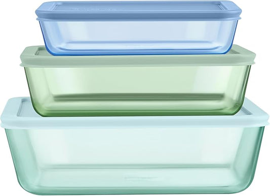 Pyrex Colors (3-Pack, Large) Tinted Glass Rectangle Food Storage Container Set, Snug Fit Non-Toxic Plastic BPA-Free Lids, Freezer Dishwasher Microwave Safe, 3 Cup, 6 Cup & 11 Cup