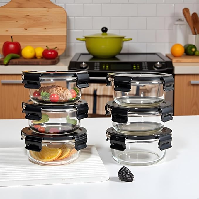 12Oz Round Glass Food Containers With Lids, Small Round Glass Meal Prep Containers,1.5 Cup Clear Food Storage Containers With Lids BPA-Free, Microwave, Dishwasher, Freezer Safe（Black