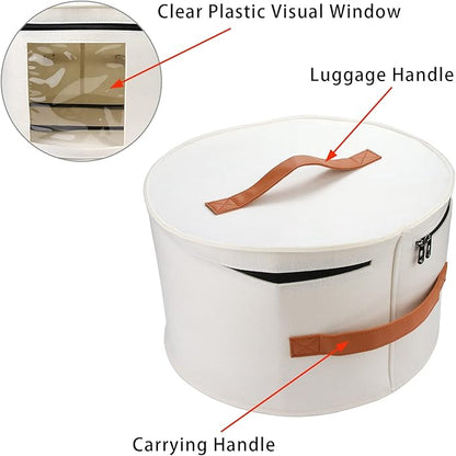 VanlonPro Large Hat Storage Box for Women & Men, 16" D x 10" H Hat Box Organizer，Foldable Round Travel Hat Boxes with Dustproof Lid, Stuffed Toy Storage Bin Bag (Off-white)