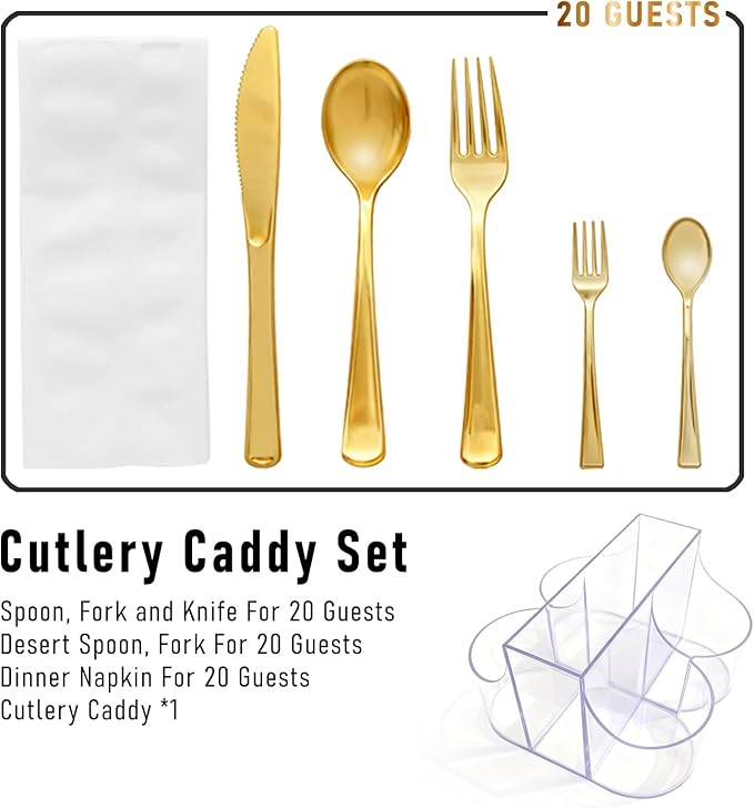 Cutlery Holder for Party - 5 Compartment Cutlery Organizer & Napkin Holder Silverware Caddy Clear with 120 Pcs Gold Plastic Spoons Disposable Forks Knives & Dinner Napkins for Party