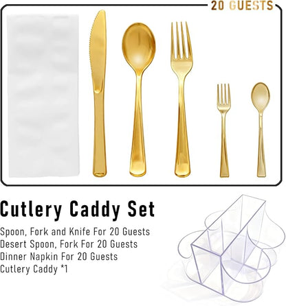Cutlery Holder for Party - 5 Compartment Cutlery Organizer & Napkin Holder Silverware Caddy Clear with 120 Pcs Gold Plastic Spoons Disposable Forks Knives & Dinner Napkins for Party