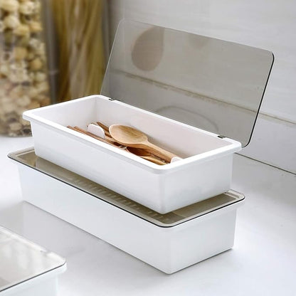Large Flatware Tray Kitchen Drawer Organizer With Lid And Drainer - Plastic Kitchen Cutlery Tray and Utensil Storage Container with Cover - Dinnerware Holder White