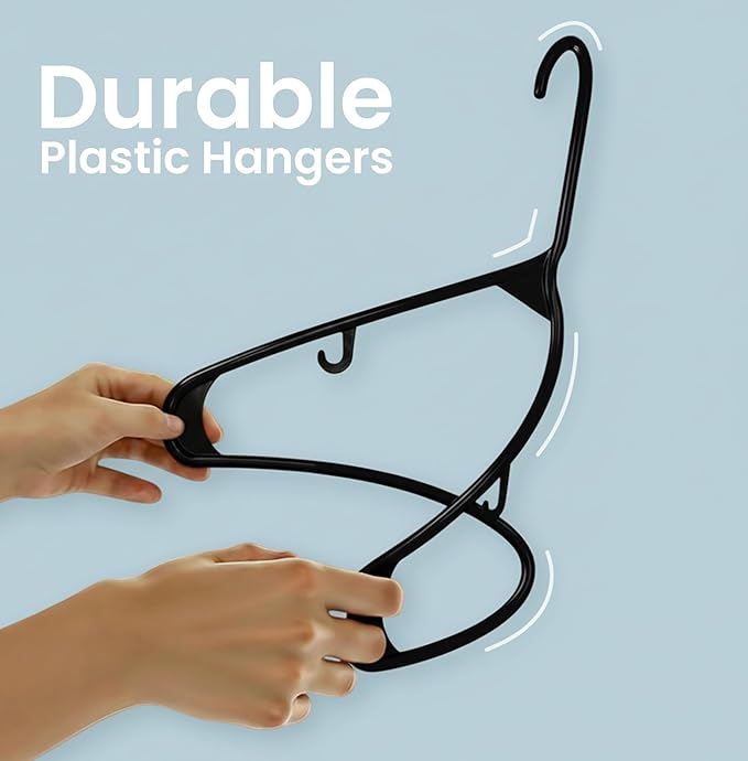 Utopia Home Plastic Hangers 50 Pack - Space Saving Clothes Hanger - Durable & Strong Closet Organizers and Storage with Built-in Strap Hooks - Essential for Shirts, Pants, Skirts & Coats (Black)