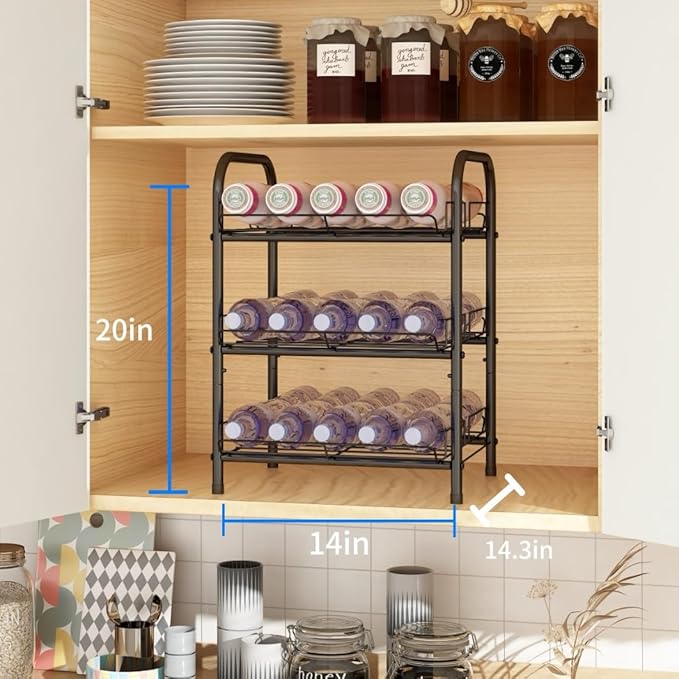 GILLAS 3 5 6 7 8 Tier Water Bottle Storage, Metal Beverage Can Rack,Large Capacity Bottled Rack Water Bottle Holder Stand for Cabinet, Countertop Kitchen, Party, Black