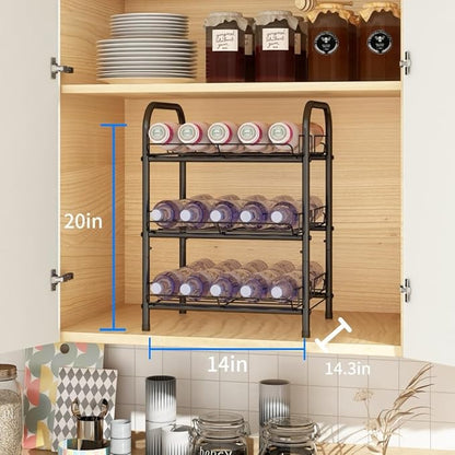 GILLAS 3 5 6 7 8 Tier Water Bottle Storage, Metal Beverage Can Rack,Large Capacity Bottled Rack Water Bottle Holder Stand for Cabinet, Countertop Kitchen, Party, Black