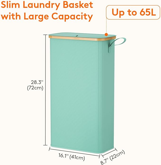 Lifewit 65L Slim Laundry Hamper with Lid, Narrow Laundry Basket with Removable Bag & Bamboo Handles, Fodable Thin Dirty Clothes Hamper for Laundry Collapsible Bin for Bathroom Bedroom Dorm, Sage Green