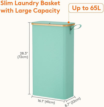 Lifewit 65L Slim Laundry Hamper with Lid, Narrow Laundry Basket with Removable Bag & Bamboo Handles, Fodable Thin Dirty Clothes Hamper for Laundry Collapsible Bin for Bathroom Bedroom Dorm, Sage Green