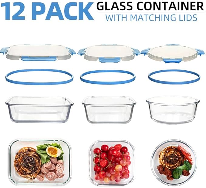 12 Pack Glass Storage Containers Transparent, Stackable Design Meal Prep Containers for Food Storage, Home, Kitchen & Pantry Organization, Microwave/Freezer/Dishwasher Safe