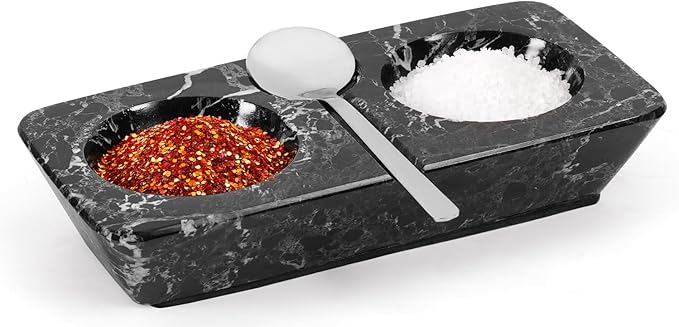 Marble Salt and Pepper Dish with Spoon, Handcrafted Double Spice Tray with 2 Compartments, Natural Stone Condiment Dish for Cooking Prep and Serving - Black