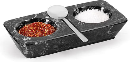 Marble Salt and Pepper Dish with Spoon, Handcrafted Double Spice Tray with 2 Compartments, Natural Stone Condiment Dish for Cooking Prep and Serving - Black