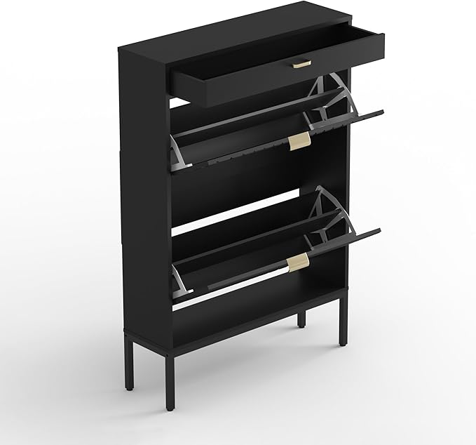XIAO WEI Shoe Cabinet, Shoe Storage Organizer Cabinet with 2 Flip Wavy Line Drawers, Freestanding Shoe Rack with Adjustable Shelf for Entryway（Black）
