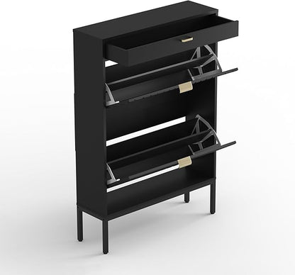 XIAO WEI Shoe Cabinet, Shoe Storage Organizer Cabinet with 2 Flip Wavy Line Drawers, Freestanding Shoe Rack with Adjustable Shelf for Entryway（Black）