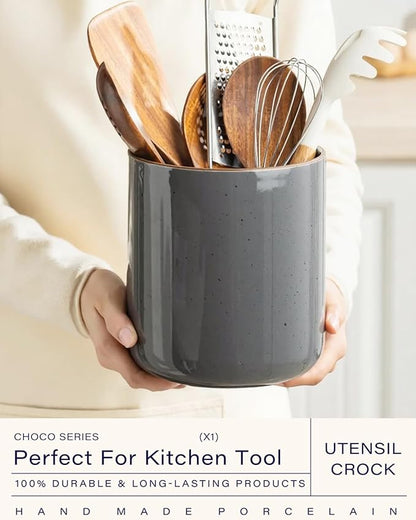 getstar Large Utensil Holder for Kitchen Counter,7.2" Grey Ceramic Utensils Crocks Utensil Organizer for Spatula Farmhouse Kitchen Decor