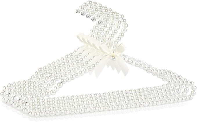 Adorila 5 Pack Pearl Clothes Hangers, Elegant Bowknot Bridesmaid Hangers for Wedding Dress, Heavy Duty Metal Core Bridal Prop (White)
