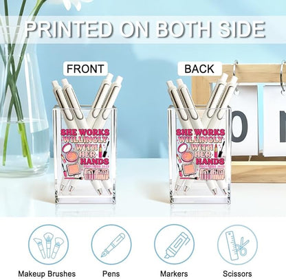 She Works Willingly With Her Hand Acrylic Cosmetic Holder, Inspirational Makeup Brush Holder Gifts, Christian Bible Verses Gifts for Cosmetologist, Bathroom Vanity Storage for Makeup Brushes