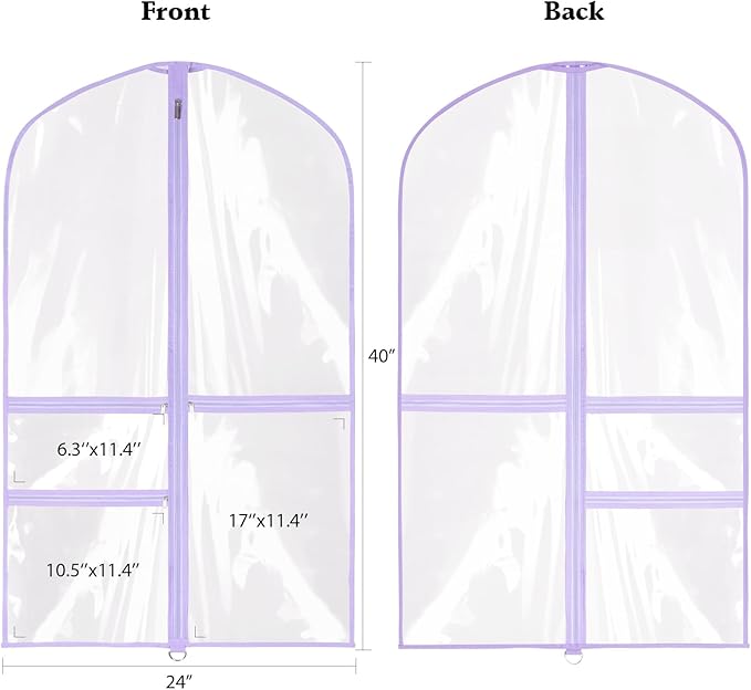 Clear Garment Bags for Dance Costumes, 40” Dance Garment Bags for Dancers, Kids Garment Bag for Dance Competitions with 3 Zipper Pockets, Garment Bags for Hanging Clothes, 6 Pack, Purple