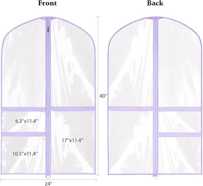 Clear Garment Bags for Dance Costumes, 40” Dance Garment Bags for Dancers, Kids Garment Bag for Dance Competitions with 3 Zipper Pockets, Garment Bags for Hanging Clothes, 6 Pack, Purple