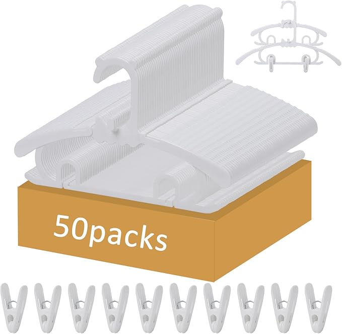 50 Pack Plastic Hangers with 16 Clips, 11-15 inch Adjustable Clothes Hanger, Durable & Non-Slip, Space Saving Coat Hanger for Pants, Jackets and Dress (White)