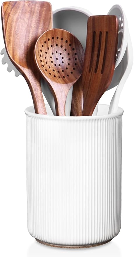 LoeJan 6.7" Utensil Holder, Ceramic Kitchen Utensil Holder with Cork Bottom, Large Utensil Crock for Countertop, Vintage Cooking Tool Organizer Set for Kitchen Counter Decor(White)