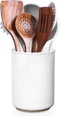 LoeJan 6.7" Utensil Holder, Ceramic Kitchen Utensil Holder with Cork Bottom, Large Utensil Crock for Countertop, Vintage Cooking Tool Organizer Set for Kitchen Counter Decor(White)