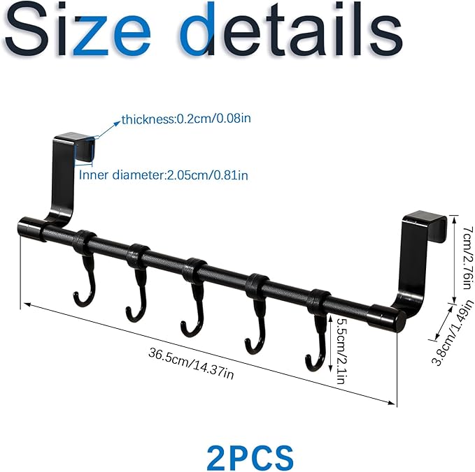 INCREWAY 2Sets Towel Holder, Over The Cabinet Door Towel Rack with Hooks, No-Installation Organizer for Kitchen Towels and Utensils on Bathroom Pantry Doors (Black)
