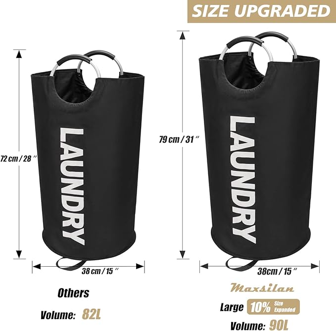 Maxsilan 90L Large Laundry Basket, Freestanding Tall Clothes Hamper, Collapsible Laundry Bag, Black