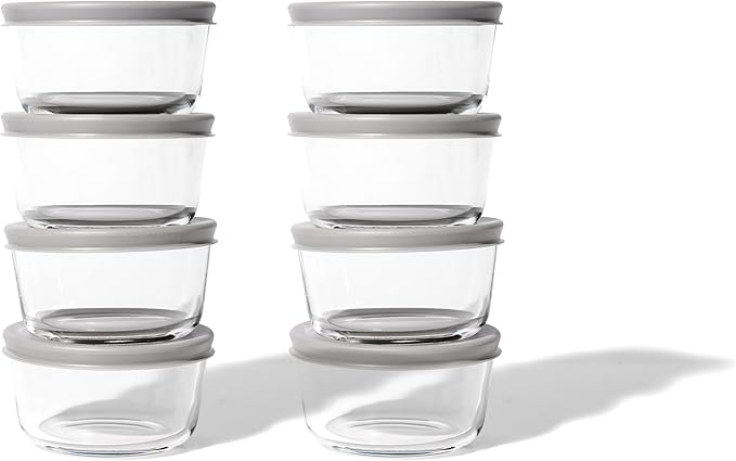 16-Piece Glass Food Storage Containers Set (8 Containers + 8 BPA-Free Lids) | 1-Cup, Leakproof | Microwave, Freezer, Oven & Dishwasher Safe | Ideal for Meal Prep & Pantry Organization, Grey