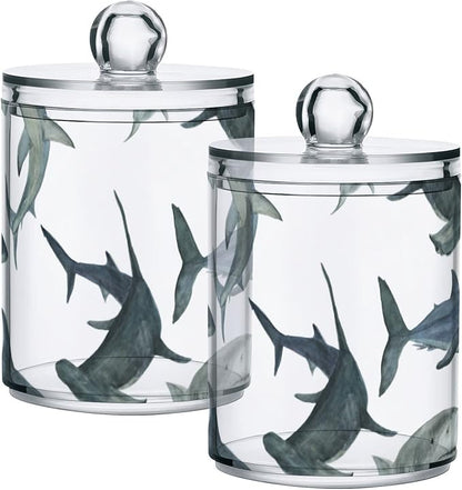 2 Pack Watercolor Sharks Apothecary Jars with Lid, Qtip Holder Storage Jars for Cotton Ball, Cotton Swab, Cotton Round Pads, Clear Plastic Canisters for Bathroom Vanity Organization (10 Oz)
