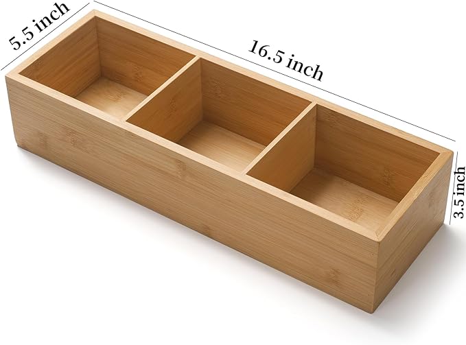 Bamboo Bathroom Basket, Wood Toilet Tank Basket, Wooden Storage Box with 3 Compartments for Bathroom Organizer (16.5 x 5.5 x 3.5 inch)
