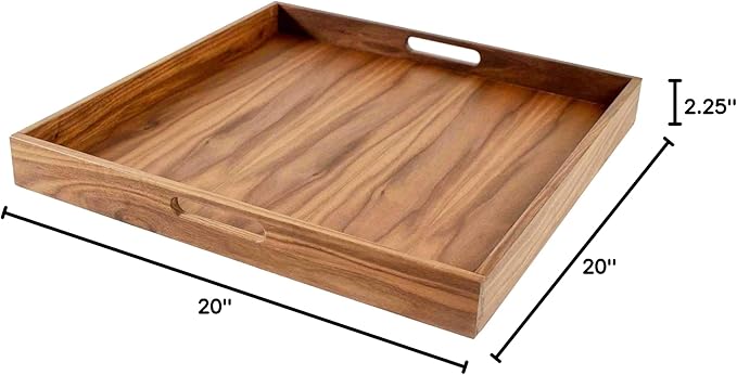 Virginia Boys Kitchens Walnut Wood Serving Tray with Handles - Serve Coffee, Tea, Cocktails, Appetizers, Breakfast in Bed or for Ottomans or Desk - 20x20 Square