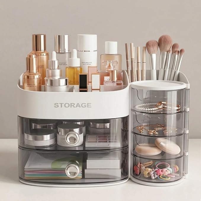 Makeup Organizer Countertop with Drawers, Rotating Skincare & Cosmetic Organizer for Vanity, 4 Clear Swivel Drawers, Large Capacity Make Up Storage for Cosmetics, Brushes, Jewelry