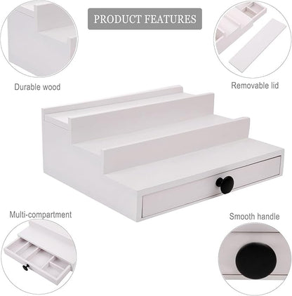 White Cologne Organizer for Men - 3 Tier Wooden Perfume Display Stand with Drawer and Hidden Compartment for Organizing and Storing, Cologne Holder Shelf for Dresser
