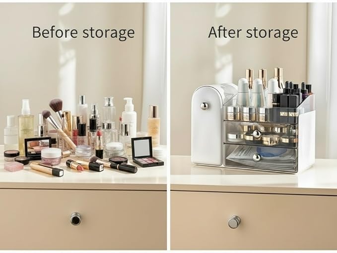 Bird&Fish Makeup Organizer with Sliding Brush Holder, Clear Skincare Organizer with Drawers, Bathroom Countertop Organizer, Sturdy Cosmetic Storage Case for Vanity, Dresser (White)