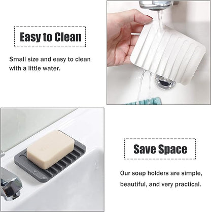 Self Draining Soap Dishes, 3 Pcs Silicone Soap Saver, Waterfall Drainer Soap Holder for Bathroom, Extend Soap Life, Keep Soap Bars Dry Clean & Easy Cleaning (White)