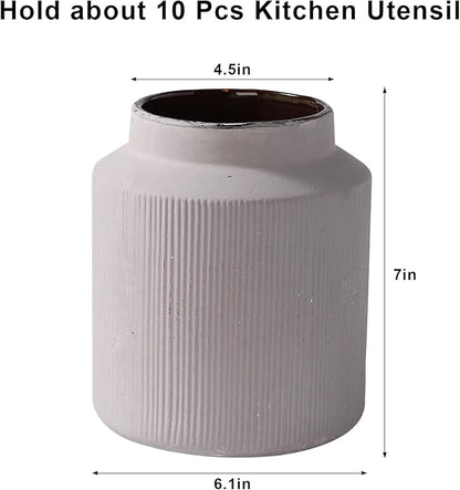 Farmhouse Ceramic Farmhouse Kitchen Utensil Holder for Countertop, Rustic Cooking Utensil Holder Crock Fit for Kitchen Counter.Grey 6.1 x 6.1 x 7 IN