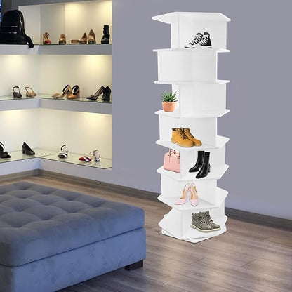 7-Tier Rotating Shoe Rack, 360° Spinning PVC Shoe Organizer with Hexagon Base, Free Standing Space Saving Design for Entryway, Cloakroom, Bedroom