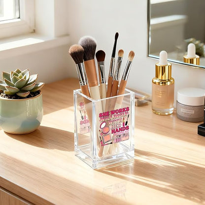 She Works Willingly With Her Hand Acrylic Cosmetic Holder, Inspirational Makeup Brush Holder Gifts, Christian Bible Verses Gifts for Cosmetologist, Bathroom Vanity Storage for Makeup Brushes