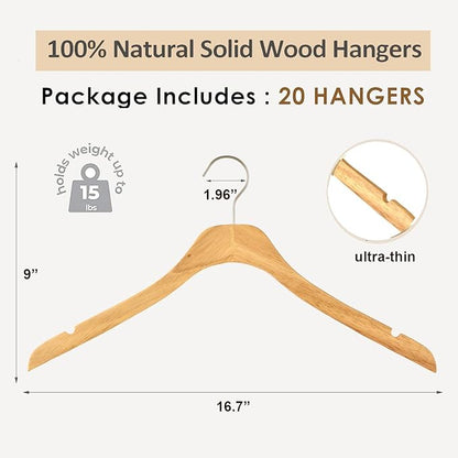 Natural Slim Solid Wood Coat 20 Pack Wooden Clothes Hangers,16.7inch Ultra Thin Space Saving Wooden Adult Hangers,Heavy Duty Suit Non Slip Hangers for Jacket Shir Suit