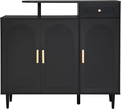 JIVOIT Shoe Cabinet with Adjustable Shelves and Drawer, Cream Style Storage Sideboard with Arched Doors, Solid Wood Legs, Wood Shoe Rack for Entryway, Living Room (Black,164)