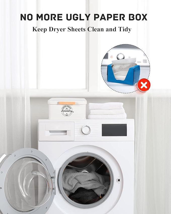 SACREDAY Dryer Sheet Holder with Hinged Lid for Laundry Room Organization. Metal Dryer Sheet Dispenser Container, Farmhouse Laundry Room Decor and Accessories for Dryer Sheets Holder, Cream